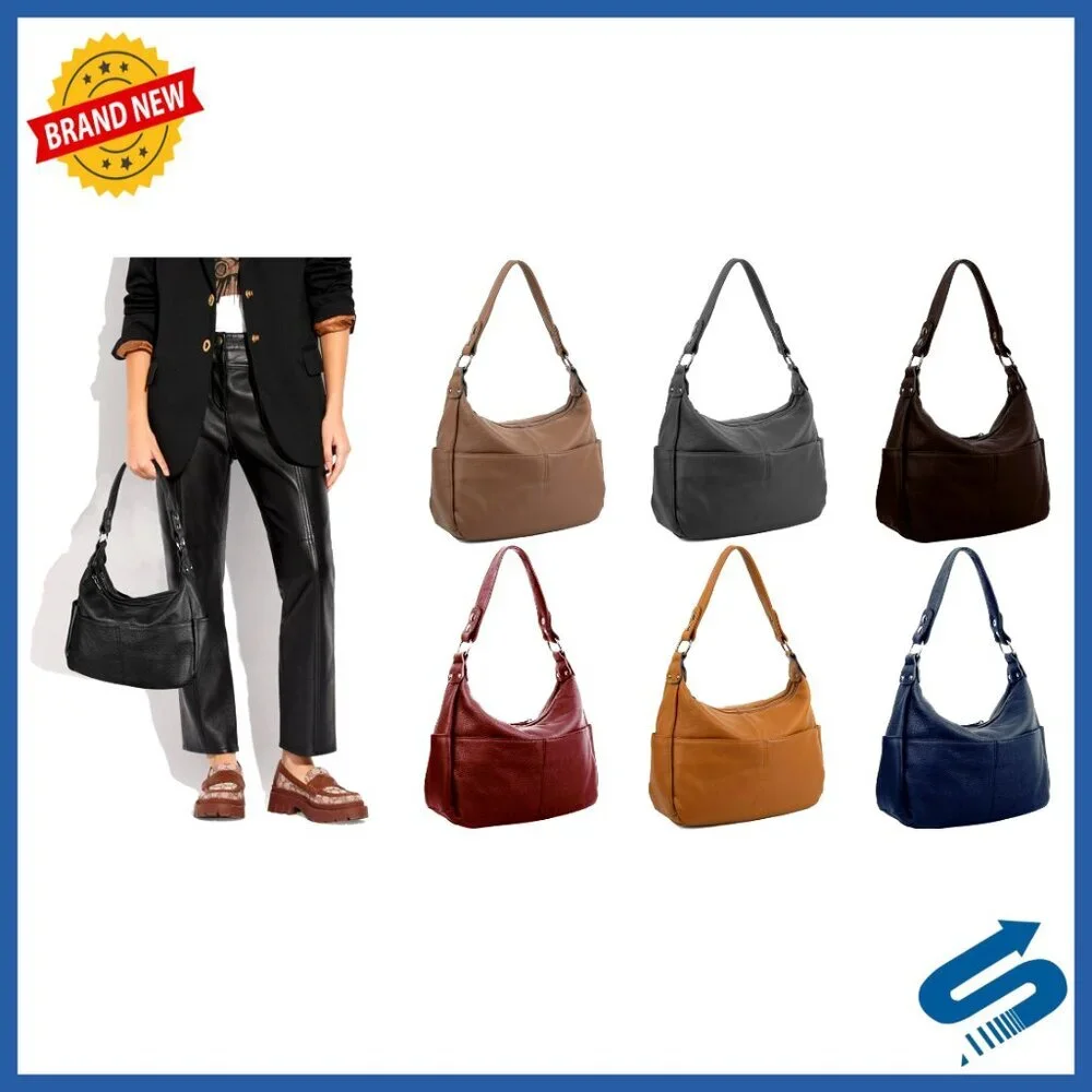 Genuine Leather Hobo Bag with Crossbody Strap, Double Zipper Pockets